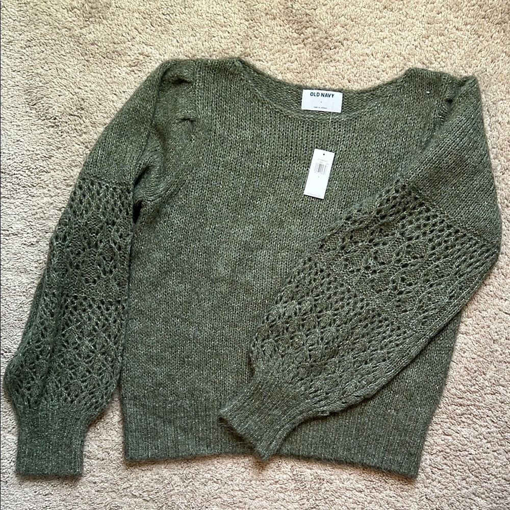 Old Navy Green Crew Neck Sweater with Intricate Sleeves